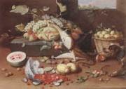 Jan Van Kessel the Younger Still life of a watermelon,pears,grapes and melons,plums,apricots and pears in a basket,with a dog surprising a monkey and fraises-de-bois spilling ou France oil painting reproduction